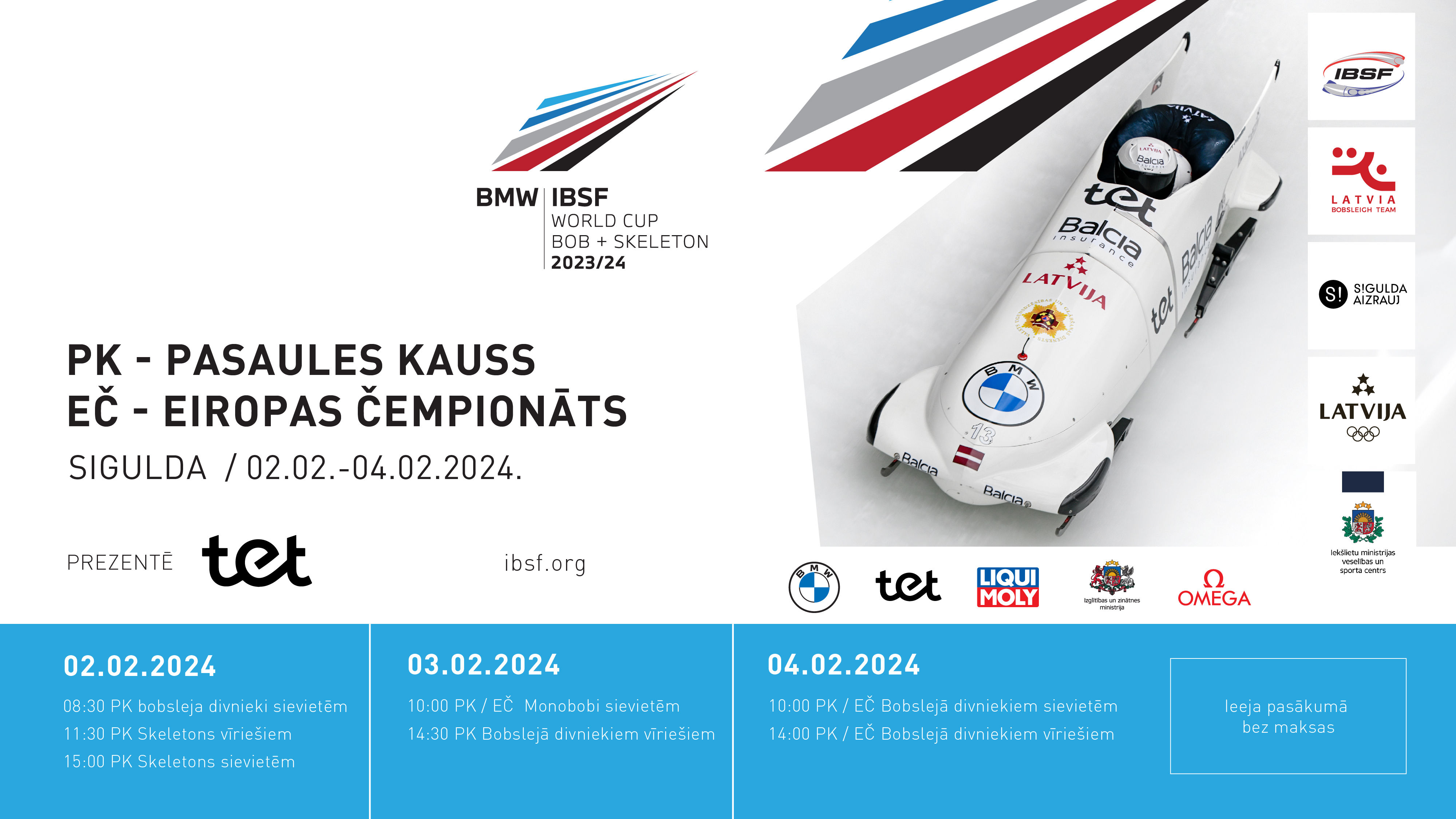 BMW IBSF Pasaules kauss un Eiropas čempionāts Siguldā notiks no 2. līdz 4.februārim